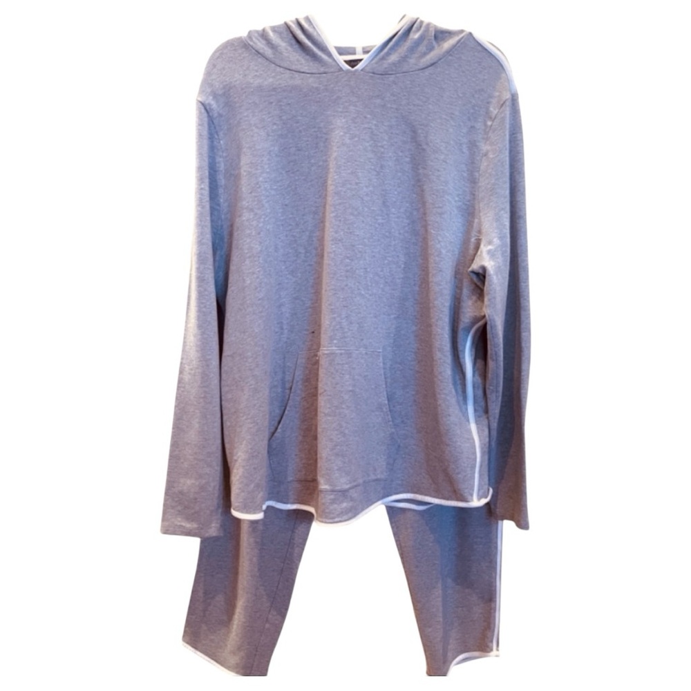 Anybody 2 Piece Hoodie And Pant Set. Grey With White Piping. Size XL